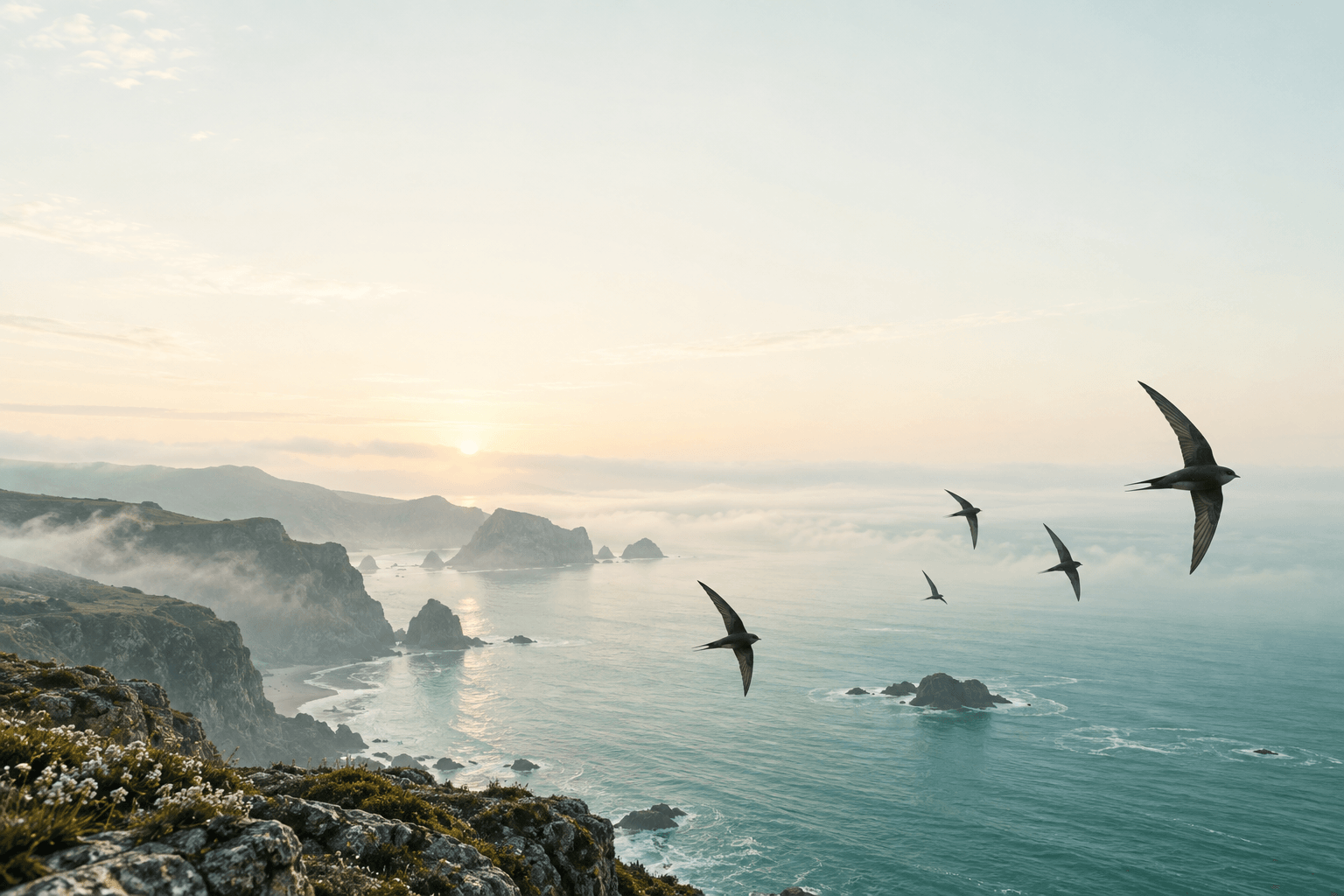 Swifts gliding over a quiet coast at dawn